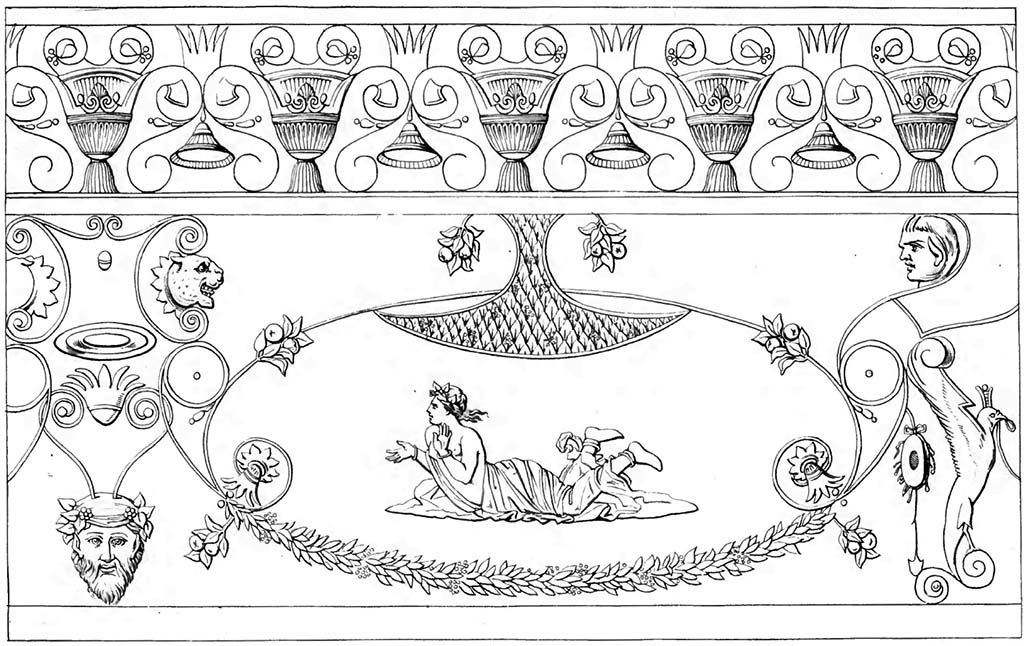 VI.17.10 Pompeii. Drawing of Fragments of wall decoration.
See Raccolta de più interessante Dipinture e di più belle Musaici rinvenuti negli Scavi di Ercolano, di Pompei, e di Stabia. 1843. Napoli.
