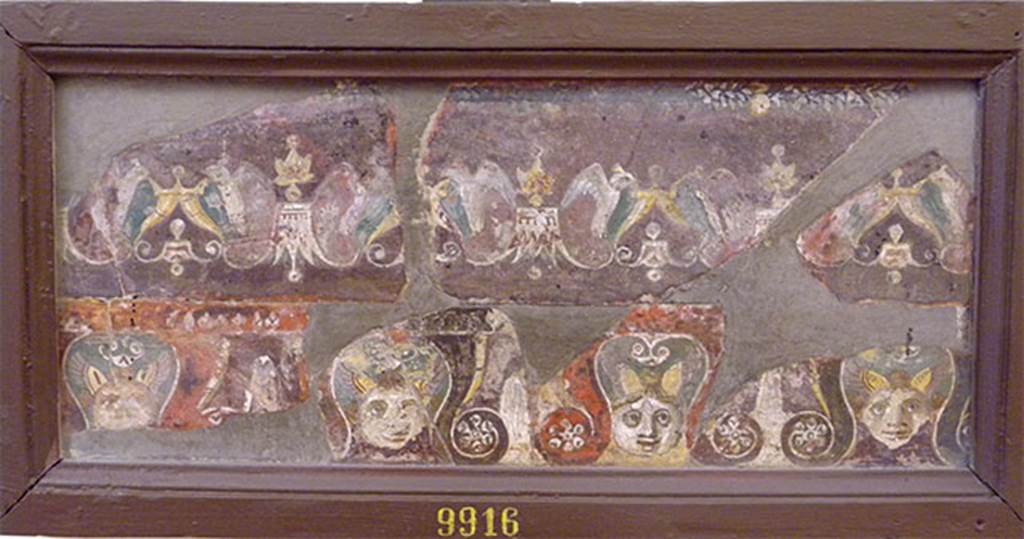VI.17.9-10 Pompeii. Pastiche of fragments of wall painting found 14th August 1778, “from the underground area”.
Now in Naples Archaeological Museum. Inventory number 9916.
