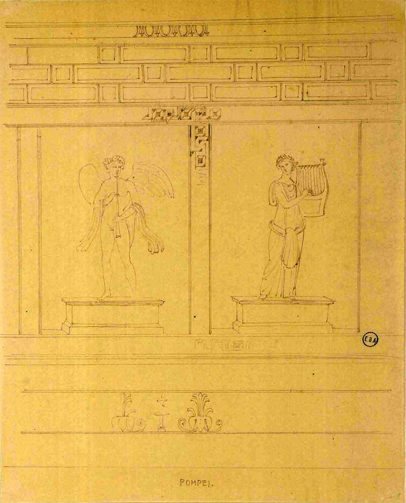 VI.17.15-18 Pompeii. 
Sketch of wall with two figures in underground area, the male playing a horn and the female playing the harp.
See Lesueur, Jean-Baptiste Ciceron. Voyage en Italie de Jean-Baptiste Ciceron Lesueur (1794-1883), pl. 21.
See Book on INHA reference INHA NUM PC 15469 (04)   Licence Ouverte / Open Licence  Etalab
