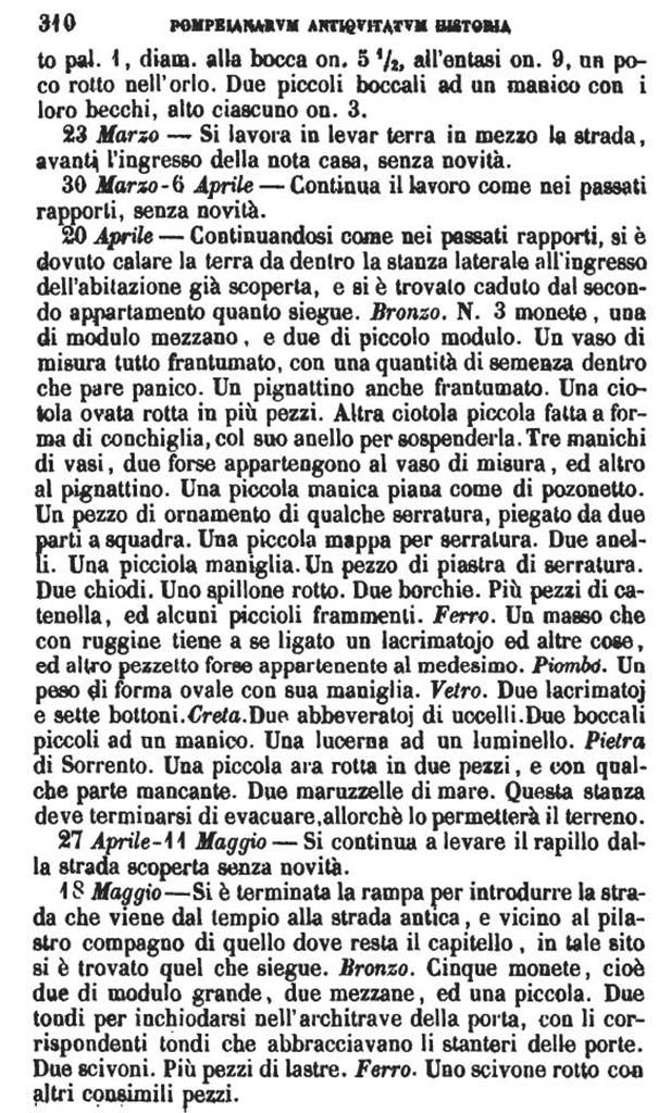Copy of Pompeianarum Antiquitatum Historia 1, 1, page 310, March to May 1780.