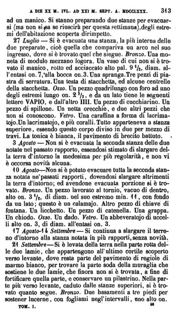 Copy of Pompeianarum Antiquitatum Historia 1, 1, page 313, July to September 1780.