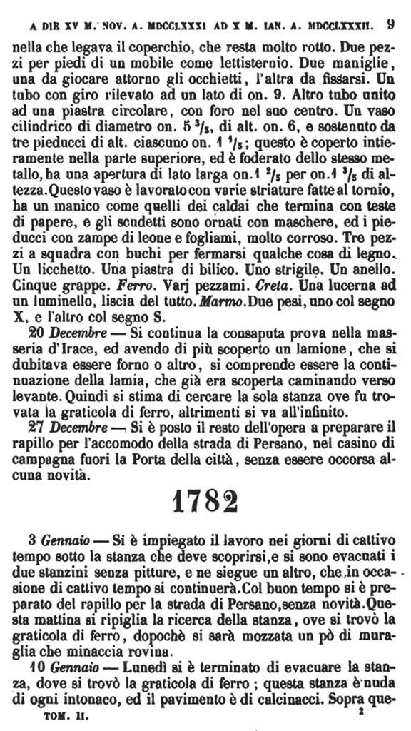 Copy of Pompeianarum Antiquitatum Historia 1, 2, Page 9, December 1781 to January 1782.