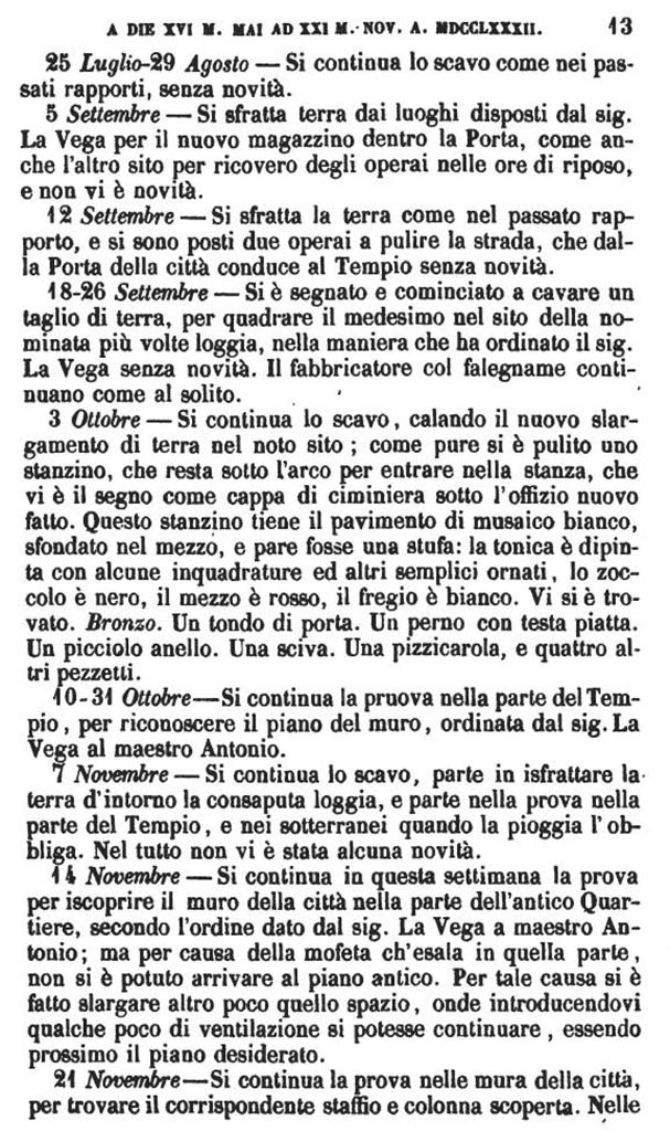 Copy of Pompeianarum Antiquitatum Historia 1, 2, Page 13, July to November 1782.
