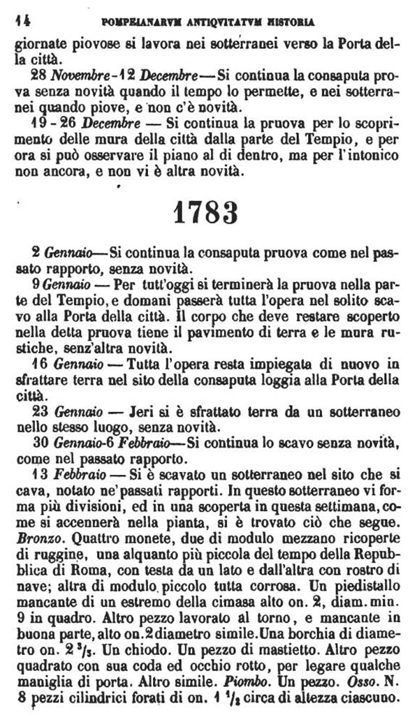 Copy of Pompeianarum Antiquitatum Historia 1, 2, Page 14, November 1782 to February 1783.
