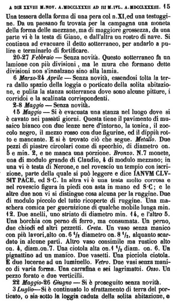 VI.17.25 Pompeii. Copy of Pompeianarum Antiquitatum Historia 1, 2, Page 15, February to July 1783.