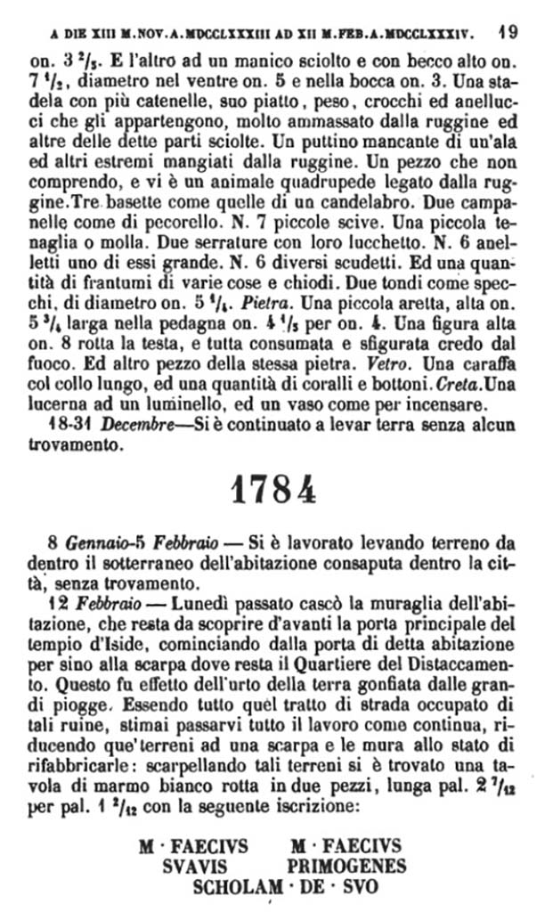 Copy of Pompeianarum Antiquitatum Historia 1, 2, Page 19, December 1783 to February 1784.