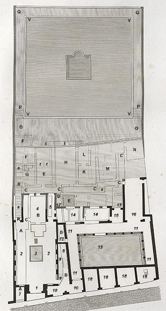 VI.17.25 Pompeii. Plan showing from left to right entrances VI.17.26, 25, 24, 23, 22, 21, 20, 19. See Mazois, F., 1824. Les Ruines de Pompei: Second Partie. Paris: Firmin Didot. (p. 72, Pl. XXX)
For Jashemski’s description of gardens, see VI.17.23. See Jashemski, W. F., 1993. The Gardens of Pompeii, Volume II: Appendices. New York: Caratzas. (p.165 and plan)