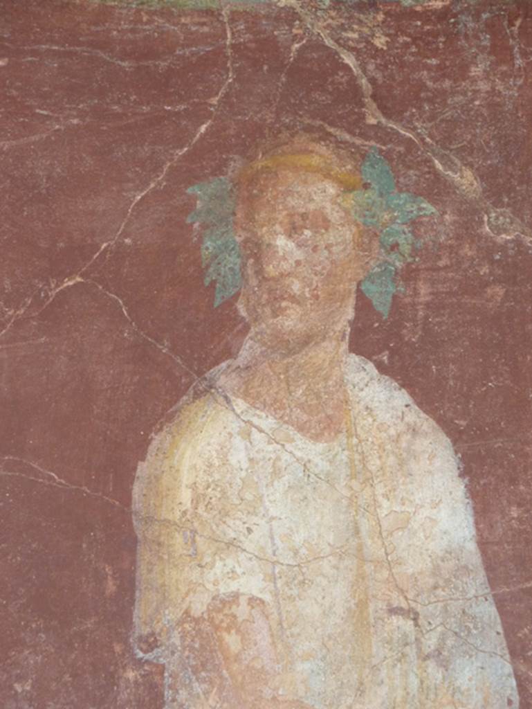 VI.17.41 Pompeii. October 2010. East wall of exedra 18 on north side of cubiculum 17. 
Detail of painting of robed figure. Photo courtesy of Gaby Groe.

