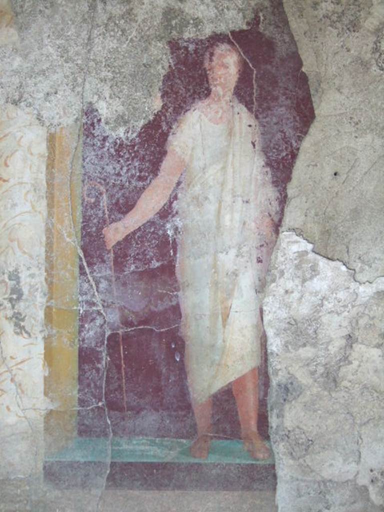 VI.17.41 Pompeii. May 2006. South wall of exedra 18 on north side of cubiculum 17.  
Detail of painting of robed figure on south wall.





