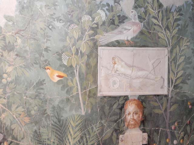 Garden scene with winged sphinx.  From summer Triclinium of VI.17.42.  Now in Naples Archaeological Museum.
