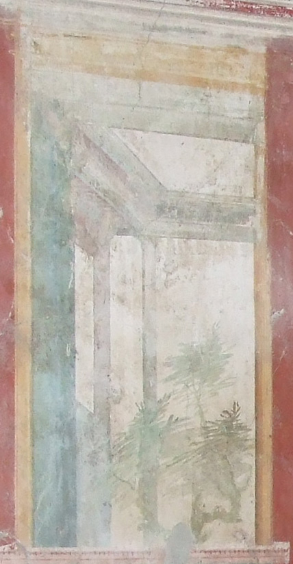 VI.17.42 Pompeii. December 2007. Second triclinium 19. West end of north wall. The panel at the west end (left) has Euterpe, the muse of lyric poetry, with writing materials. On the right is Terpsichore,  the muse of dance and song, with a five string lyre supported  on a small pillar. See Aoyagi M. and Pappalardo U., 2006. Pompei (Regiones VI-VII) Insula Occidentalis. Napoli: Valtrend.  (p. 107).