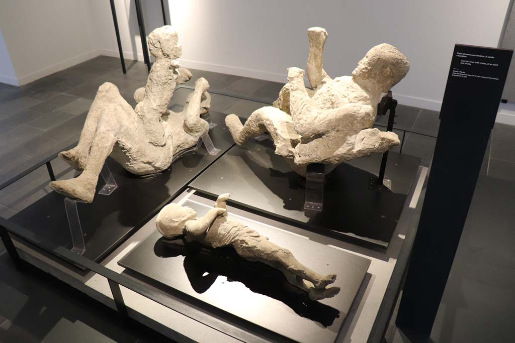 VI.17.42 Pompeii. February 2021. 
Plaster casts of family from lower area of House of the Golden Bracelet. Photographed on display in Antiquarium.  
Photo courtesy of Fabien Bièvre-Perrin (CC BY-NC-SA).
