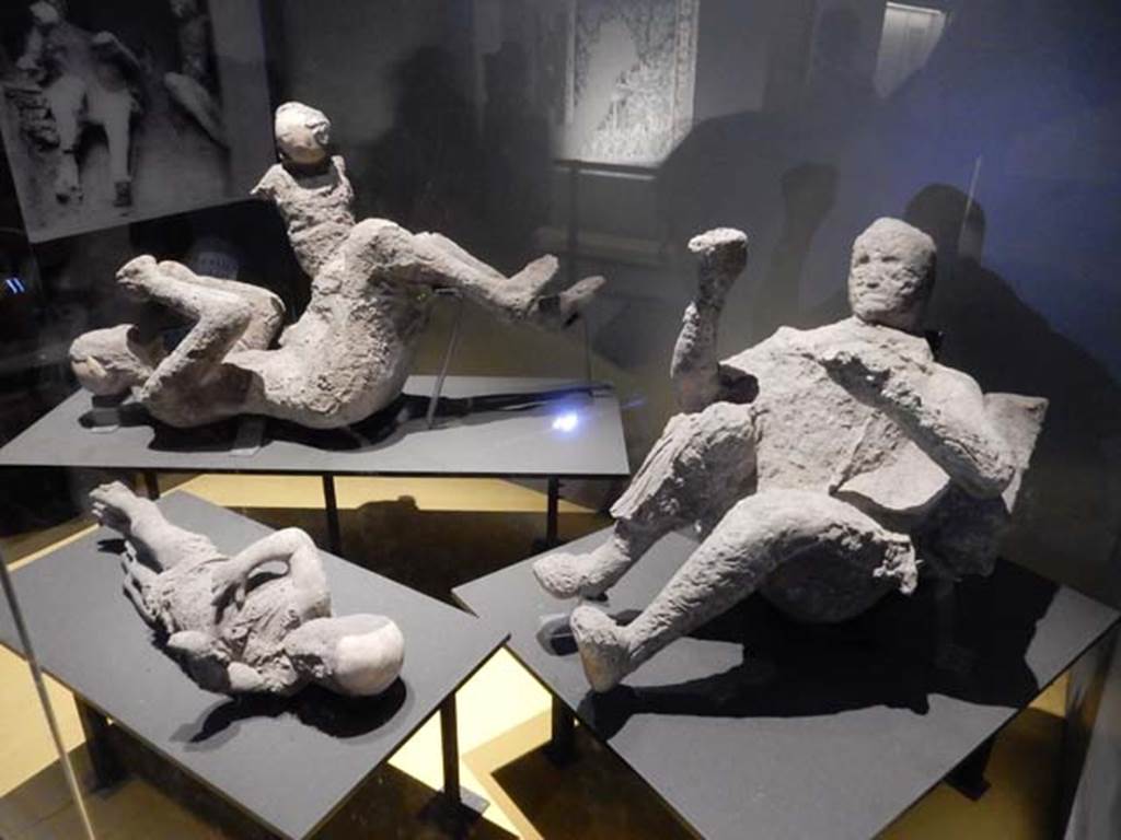 VI.17.42, Pompeii, May 2018. Plaster casts of fugitives found in the lower corridor, see VI.17.42, Garden, for area.
Photo courtesy of Buzz Ferebee.
