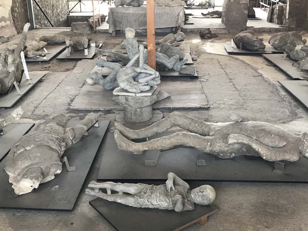 VI.17.42 Pompeii. April 2019. Looking west across atrium, with assortment of body plaster-casts. 
Photo courtesy of Rick Bauer.
