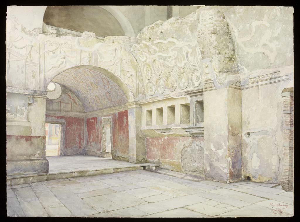 VII.1.8 Pompeii. 1889. Men’s vestibule 1 from changing room 2. Watercolour by Luigi Bazzani
Photo © Victoria and Albert Museum. Inventory number 1433-1901.
