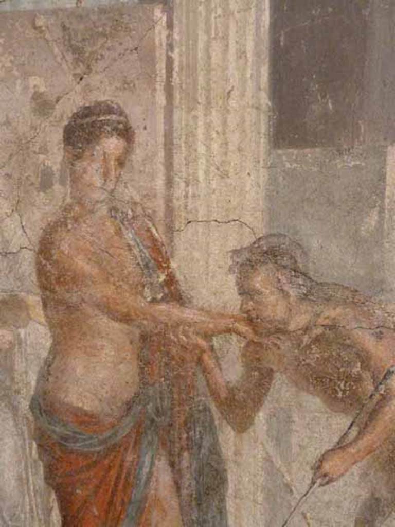 VII.2.16 Pompeii. Room 17, detail from painting on west wall of exedra.  
Pirithous receiving homage from a centaur.
