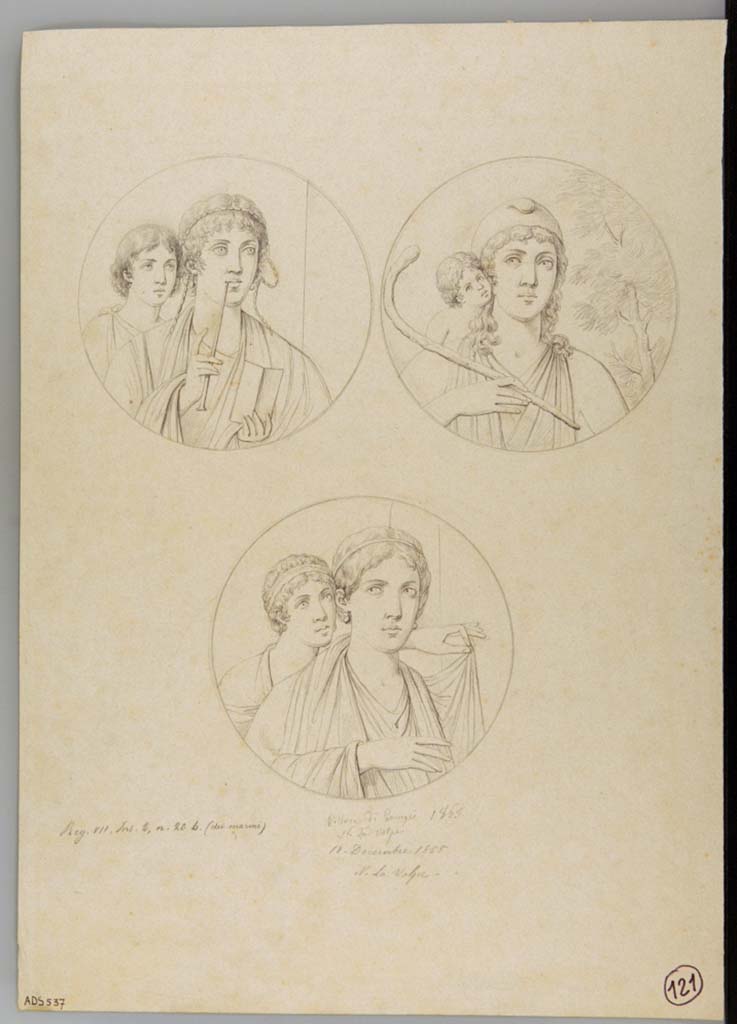 VII.2.20 Pompeii. Drawing by Nicola La Volpe, dated 18th December 1865, of three medallions seen in the atrium, now disappeared. These may have been seen on the east side of the atrium.
They are described as - a young girl with an even younger girl looking over her shoulder (Helbig 1426); 
- Paris, with Cupid (Helbig 1276), and
- Mars and Venus (Helbig 313).
See Helbig, W., 1868. Wandgemälde der vom Vesuv verschütteten Städte Campaniens. Leipzig: Breitkopf und Härtel, 313, 1276, 1426.
Now in Naples Archaeological Museum. Inventory number ADS 537.
Photo © ICCD. http://www.catalogo.beniculturali.it
Utilizzabili alle condizioni della licenza Attribuzione - Non commerciale - Condividi allo stesso modo 2.5 Italia (CC BY-NC-SA 2.5 IT)