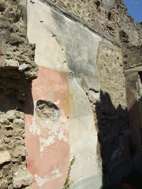 VII.3.29 Pompeii. March 2009. Room 12, corridor. Looking east. On the east side of the corridor was the garden area. According to Boyce, in the south-west corner of the portico of the garden was a semi-circular niche. Its vaulted ceiling was adorned with a painted shell. Painted on the wall above the niche was a pediment and below it a single serpent beside an altar. 
See Boyce G. K., 1937. Corpus of the Lararia of Pompeii. Rome: MAAR 14. (p.65, no: 270, Pl.4,1) 
