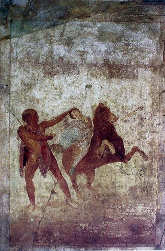 VII.3.29 Pompeii. Painting of a hero and an Amazon on horseback from north wall of the triclinium.
Now in Naples Archaeological Museum. Inventory number 120085.
