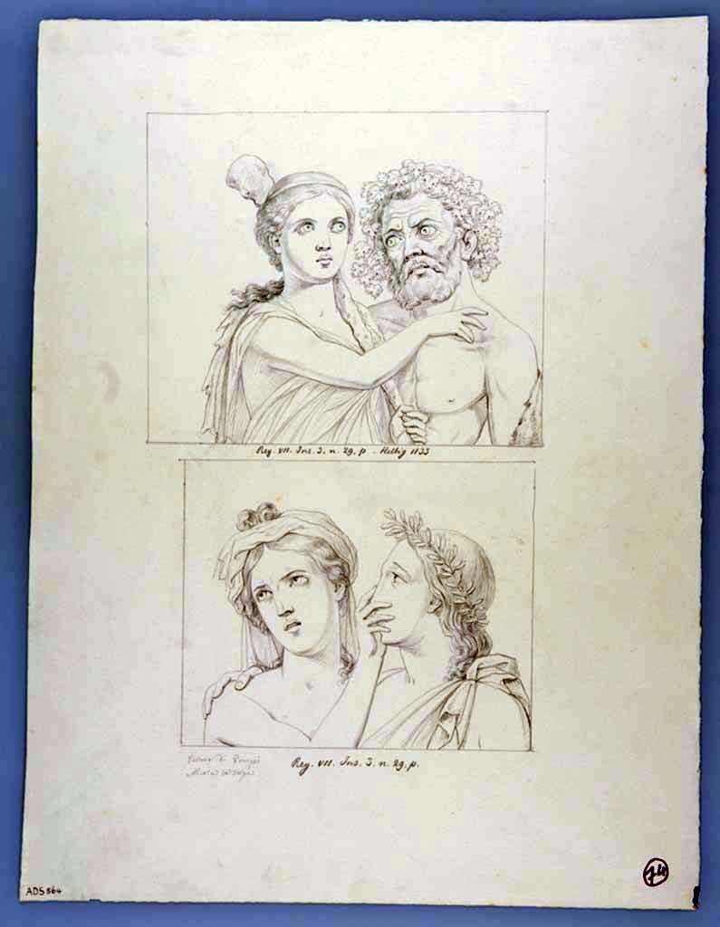 VII.3.29 Pompeii. Room 13, ala on east side of atrium. South wall. Drawing by Nicola La Volpe of two vignettes; 
The first shows the bust of a bearded Hercules, crowned with vine leaves, who looks towards Omphale with the cudgel in her left hand, supporting her right hand on the hero's shoulder; 
In the vignette beneath a maiden (maenad?) with a hand near to the mouth of a youth who wears a crown of olive branch, and he in turn puts his arm on her shoulders.
Now in Naples Archaeological Museum. Inventory number ADS 564.
Photo  ICCD. https://www.catalogo.beniculturali.it
Utilizzabili alle condizioni della licenza Attribuzione - Non commerciale - Condividi allo stesso modo 2.5 Italia (CC BY-NC-SA 2.5 IT)

