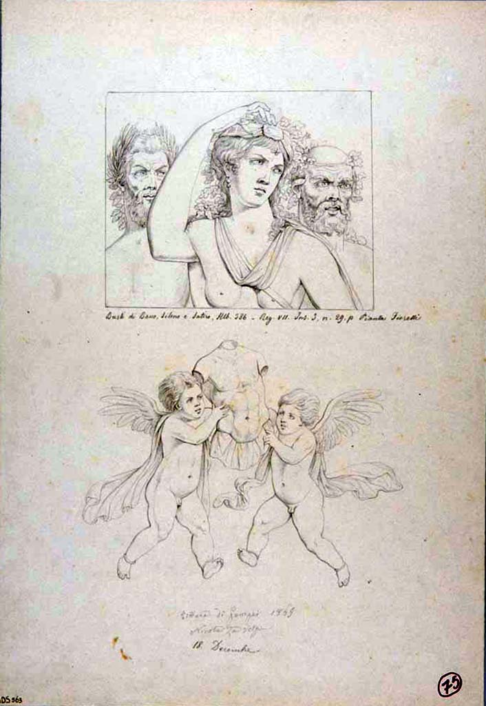 VII.3.29 Pompeii. Room 13, ala on east side of atrium. South wall.
18th December 1865 drawing by Nicola La Volpe of two vignettes. 
In the first are depicted the busts of three characters of the Bacchic cortege: in the centre is a Maenad with bare breasts who holds the right arm on the head, at whose shoulders are, on the left, a pine-crowned Satyr and, on the right, Silenus crowned with ivy.
In the second panel are depicted two winged cupids in flight, with bracelets at the ankles, and they carry, between them, a large golden breastplate.
Now in Naples Archaeological Museum. Inventory number ADS 563.
Photo  ICCD. http://www.catalogo.beniculturali.it
Utilizzabili alle condizioni della licenza Attribuzione - Non commerciale - Condividi allo stesso modo 2.5 Italia (CC BY-NC-SA 2.5 IT)
Helbig identified the heads as Bacchus, Silenus and Satyr. 
The lower drawing, from a painted panel in the atrium, was of two cupids carrying a large golden breast-plate. 
The drawings show paintings that are now totally faded.
See Helbig, W., 1868. Wandgemlde der vom Vesuv verschtteten Stdte Campaniens. Leipzig: Breitkopf und Hrtel, (386).
Kuivalainen describes 
A composition of three busts, heads slightly turned to their left. The one in the middle is an effeminate youth wearing a chlamys, which forms an arch on his naked chest; his long and curly hair is tied with a taenia, which he touches with the delicate fingers of his right hand. On the youths left stands a sprightly, bearded satyr with a pine wreath on his head. On the right side stands Silenus with a ribbon and leaves at his temples. All three are intensively looking to their left.
He comments 
The effeminate Bacchus had, according to Helbig, a thyrsus across his chest, while La Volpe depicted him with the arching sleeve of a cloak and a leather band. This gesture by Bacchus appears every now and then in Pompeian wall paintings, notwithstanding the posture of his bodily frame.
See Kuivalainen, I., 2021. The Portrayal of Pompeian Bacchus. Commentationes Humanarum Litterarum 140. Helsinki: Finnish Society of Sciences and Letters, (F17, p.172). 

