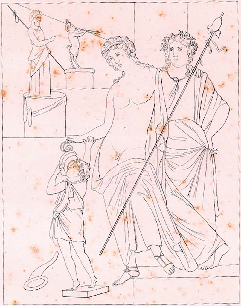 VII.4.10 Pompeii. c.1828. Drawing by Zahn from an unknown room.
According to Zahn this shows Bacchus and Ariadne with Akratus. 
See Zahn W. Neu entdeckte Wandgemälde in Pompeji gezeichnet von W. Zahn [ca. 1828], taf. 35.
See Helbig, W., 1868. Wandgemälde der vom Vesuv verschütteten Städte Campaniens. Leipzig: Breitkopf und Härtel, (p.100, no.402)
Kuivalainen comments –
“A young Bacchus is depicted with Ariadne or a maenad, a boy, and statues, the larger being a bearded Bacchus. The divinity is depicted twice in two iconographic variations. Instead of a drinking panther there is now a boy, probably identifiable as Comus.” (Note 404).
(Note 404 says – Comus has no specific iconography but is depicted as a wreathed boy.)
See Kuivalainen, I., 2021. The Portrayal of Pompeian Bacchus. Commentationes Humanarum Litterarum 140. Helsinki: Finnish Society of Sciences and Letters, (p.126-7, D4).
