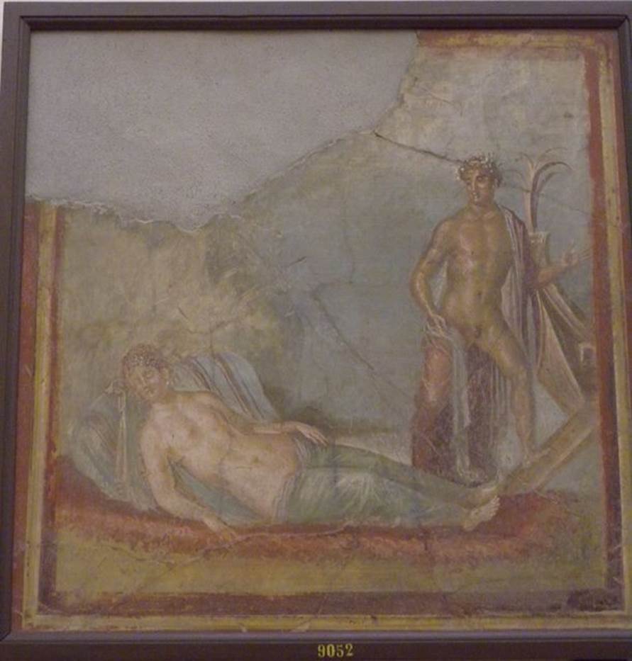 VII.4.31 Pompeii. March 2009. Room 31, wall painting of Theseus abandoning Ariadne. Theseus is looking at the sleeping Ariadne who is on the beach on a bed of seaweed.
His foot is on the plank of the ship that will take him to Athens. See Helbig, W., 1868. Wandgemälde der vom Vesuv verschütteten Städte Campaniens. Leipzig: Breitkopf und Härtel. (1217). Now in Naples Archaeological Museum.  Inventory number 9052.