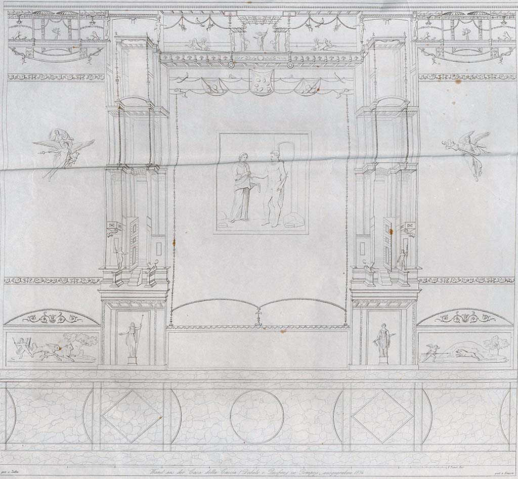 VII.4.48 Pompeii. Pre-1842, drawing by Zahn of east wall of tablinum.
Zahn describes: Wall from the Casa della Caccia (Dedalo e Pasifae) at Pompeii, excavated in 1834. 
The main painting on this wall gives us a representation which rarely occurs on ancient monuments.
Theseus, son of Aegeus and Aethra, at the entrance to the labyrinth of Crete, receiving from the Ariadne, the daughter of Minos and Pasiphae, the ball with whose thread he saves himself from the labyrinth after killing the Minotaur. By this deed Theseus freed Athens from the terrible tribute, consisting of seven boys and seven girls. Theseus escaped with Ariadne, but left her on Naxos, where Bacchus, coming from India on his journey, married her. 
The counterpart of this painting on the opposite wall of the tablinum represents: Daedalus, who brings to Pasiphae the wooden cow he made, through whose mediation with the bull she gave birth to the Minotaur.
See Zahn, W., 1842-44. Die schönsten Ornamente und merkwürdigsten Gemälde aus Pompeji, Herkulanum und Stabiae: II. Berlin: Reimer, taf. 33.

