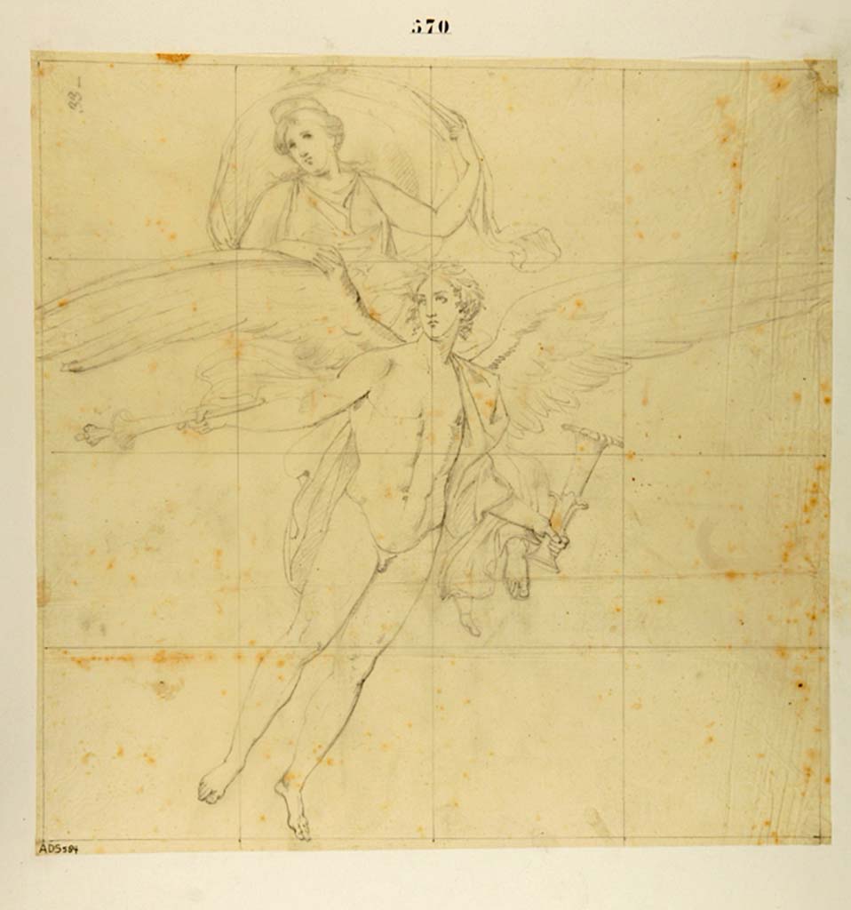 VII.4.48 Pompeii. 
Drawing attributed to Antonio Ala of painting of Phosphorus and Aurora, from the north end of the east wall of the tablinum. 
This same painting is shown in Museo Borbonico XII, Tav. IV, with N. La Volpe shown as the artist.
See Helbig, W., 1868. Wandgemälde der vom Vesuv verschütteten Städte Campaniens. Leipzig: Breitkopf und Härtel. (1953)
Now in Naples Archaeological Museum. Inventory number ADS 584.
Photo © ICCD. https://www.catalogo.beniculturali.it/
Utilizzabili alle condizioni della licenza Attribuzione - Non commerciale - Condividi allo stesso modo 2.5 Italia (CC BY-NC-SA 2.5 IT)
