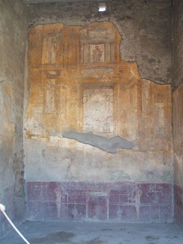 VII.4.48 Pompeii. December 2007. Room 14. West wall. Central wall painting of Danae, removed to Naples Museum.
