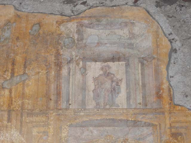 VII.4.48 Pompeii. December 2007. Room 14, cubiculum. West wall.
Wall painting of a winged cupid.