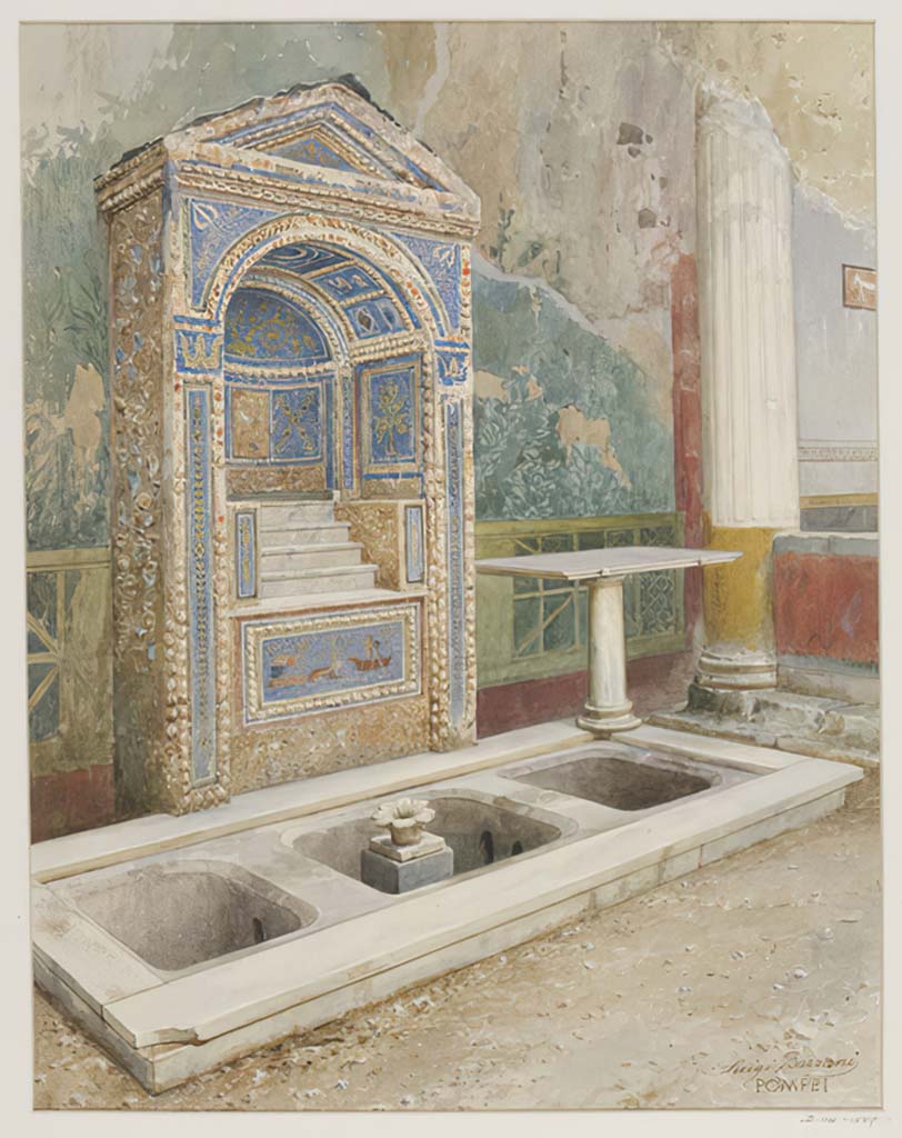 VII.4.56 Pompeii. Undated watercolour by Luigi Bazzani.  
Looking south across garden area towards aedicula fountain.
Photo © Victoria and Albert Museum. Inventory number 114-1889.

