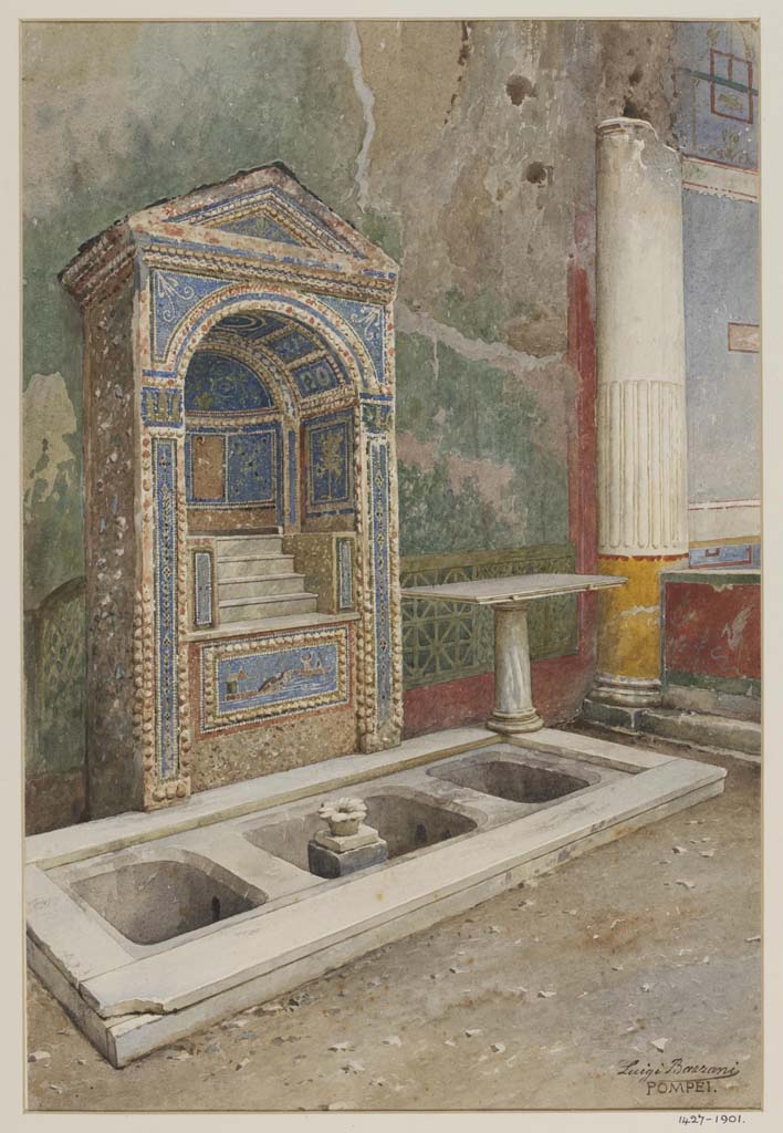 VII.4.56 Pompeii. Undated watercolour by Luigi Bazzani.  
Looking south across garden area towards aedicula fountain.
Photo © Victoria and Albert Museum. Inventory number 1427-1901.
