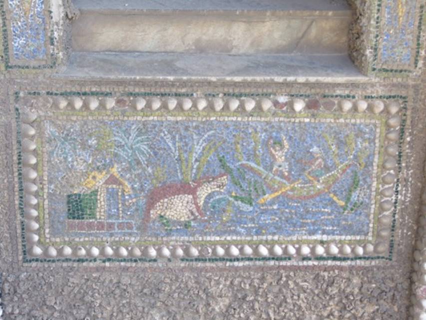 VII.4.56 Pompeii.  March 2009. Mosaic panel of a Nile scene.