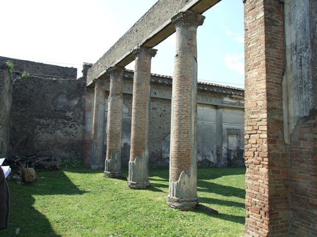 VII.4.57 Pompeii. March 2009. Site of Room 18, looking north-east into room 17. According to Jashemski, and Della Corte, at the time of the eruption the peristyle had been converted into an officina textrinum, or weaver’s workshop. Inscribed graffiti indicate the location of 3 looms under the portico, and record the names of the three servants or male weavers who attended them. According to Della Corte, their names were – 
Texe(ntis)  Erati  locus    (CIL IV 1570, 1571)
Tiburtinus (sic) locus      (CIL IV 1569)
Crescentis locus              (CIL IV 1572)
See Jashemski, W. F., 1993. The Gardens of Pompeii, Volume II: Appendices. New York: Caratzas. (p.181)
See Della Corte, M., 1965.  Case ed Abitanti di Pompei. Napoli: Fausto Fiorentino. (p.124)
According to Epigraphik-Datenbank Clauss/Slaby (See www.manfredclauss.de), these read -
Tiburtinus locus  (CIL IV 1569)
Texe(ntis)  (CIL IV 1570
Erati locus  (CIL IV 1571)
Crescentis locus  (CIL IV 1572)
