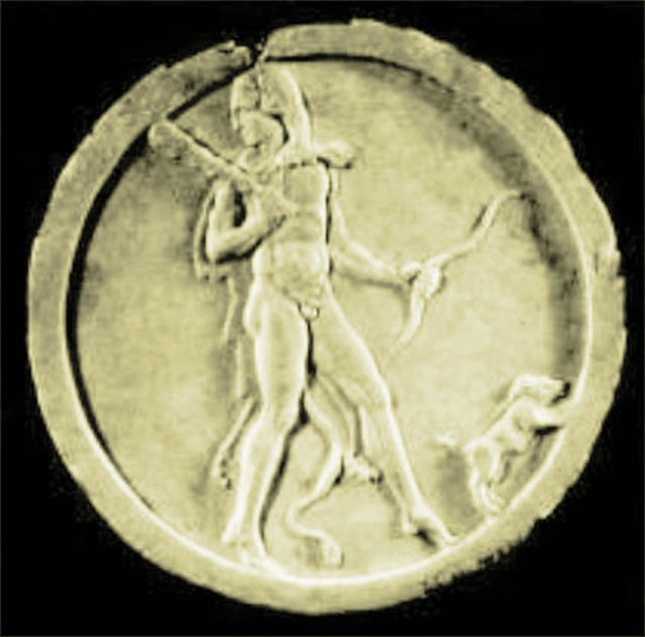 VII.4.59 Pompeii. Peristyle o, double sided oscillum (side A) with Hercules.
Now in Naples Archaeological Museum.  Inventory number 6647.
