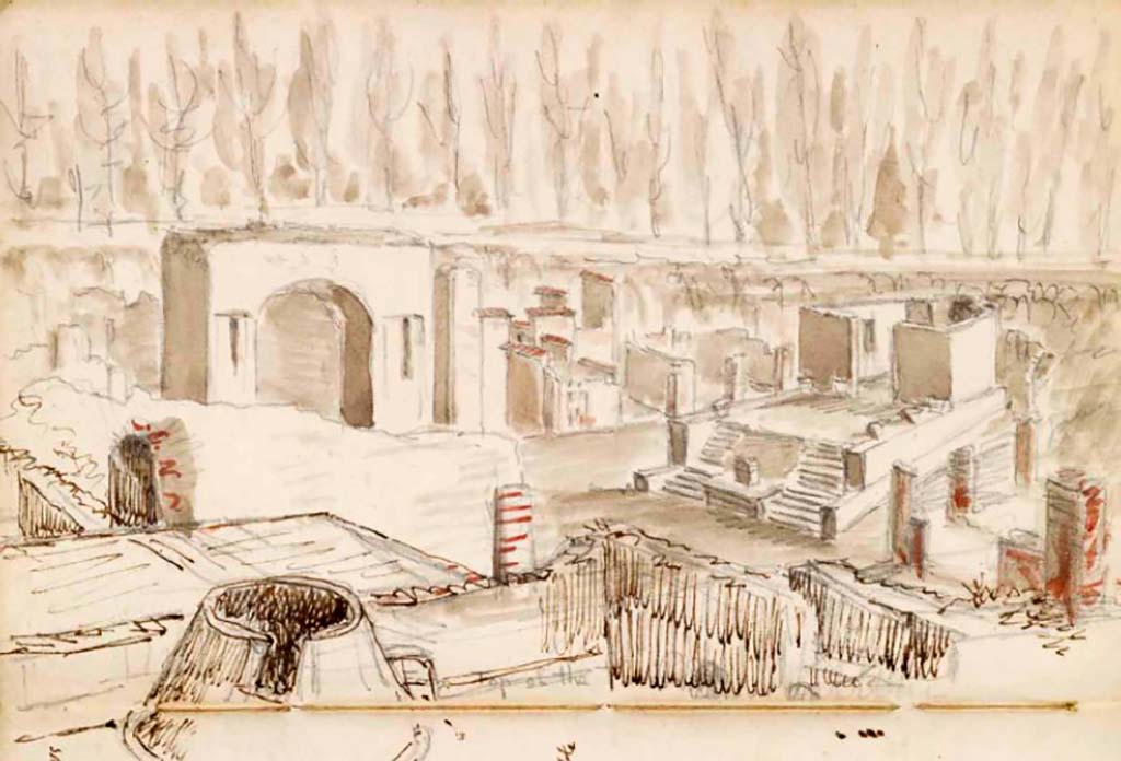VII.5.19 Pompeii. c.1830. Drawing by Gell from roof of Baths area, looking north-east.
See Gell, W. Sketchbook of Pompeii, c.1830. 
See book from Van Der Poel Campanian Collection on Getty website http://hdl.handle.net/10020/2002m16b425
