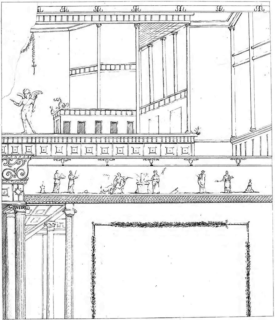 VII.6.28 Pompeii. Found on 10th April 1762, drawing by Abbate in 1843 version of Raccolta.
See Raccolta de pi interessante Dipinture e di pi belle Musaici rinvenuti negli Scavi di Ercolano, di Pompei, e di Stabia. 1843. Napoli.
