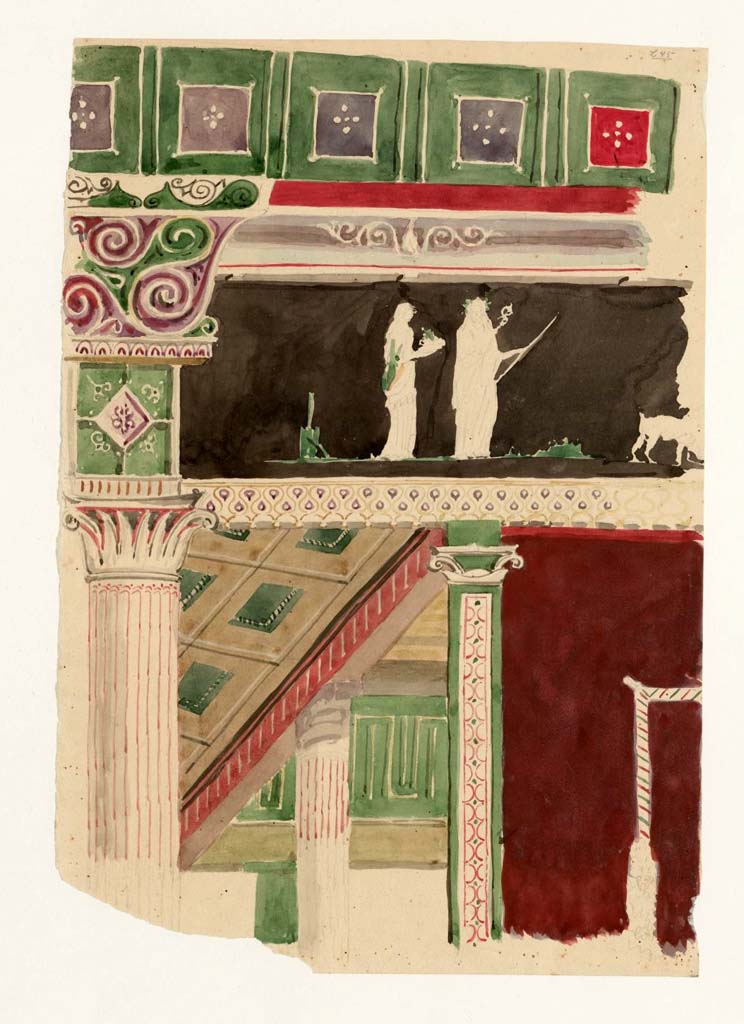 VII.6.28 Pompeii. Painting by Gottlieb Bindesbll (1800-1856) of architecture and sacrificial scenes.
Photo Danmarks Kunstbibliotek inv no ark_16109.
