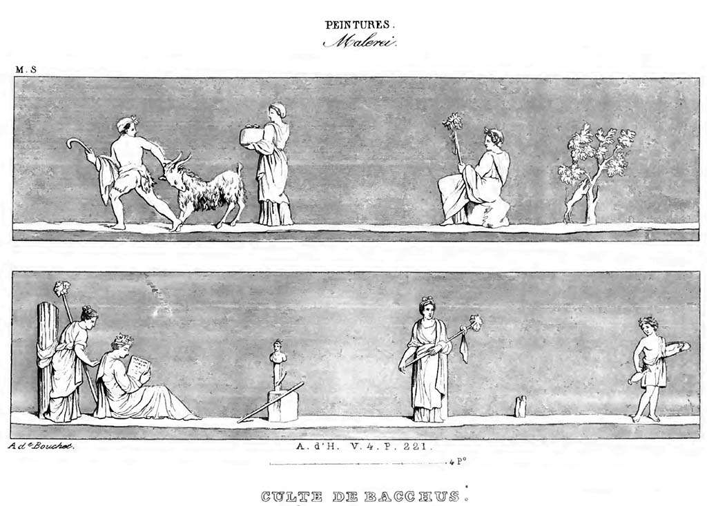 VII.6.28 Pompeii. Paintings from the corniche with bacchic scenes with eight people, a goat and a statue of Priapus.
See Roux, H., 1840. Herculanem et Pompei recueil gnral des Peintures, Bronzes, Mosaques : Tome 8, Muse Secret. Paris : Didot, pl. 30.
