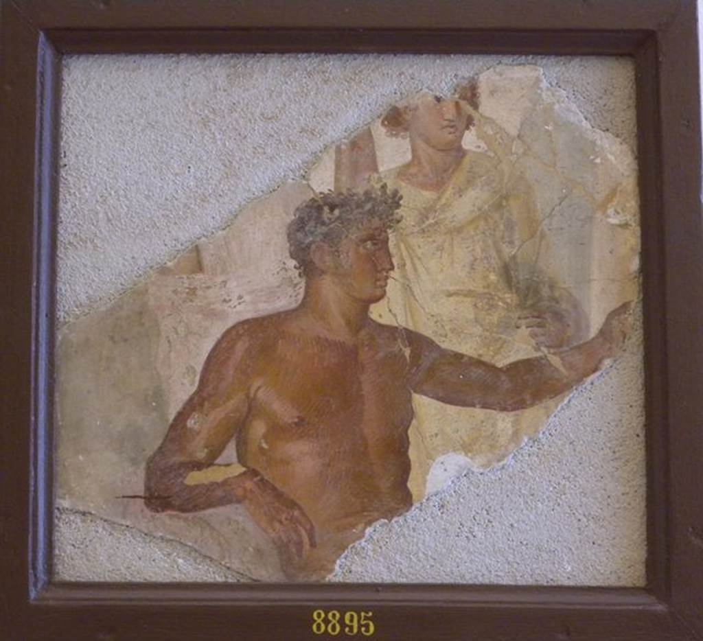 VII.6.28 Pompeii. Found on 10th April 1762. Painting of two figures, one a naked man with a crown of flowers on his head.
Now in Naples Archaeological Museum. Inventory number 8895.
See Antichit di Ercolano: Tomo Quarto: Le Pitture 4, 1765, 47, 231.
See Helbig, W., 1868. Wandgemlde der vom Vesuv verschtteten Stdte Campaniens. Leipzig: Breitkopf und Hrtel, (1167).
