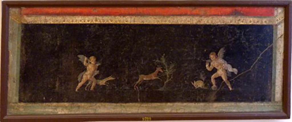 VII.6.28 Pompeii. Found on 24th April 1762. Painting of two cupids, one with a dog and a bow chasing a deer and birds.
Now in Naples Archaeological Museum. Inventory number 9229.
See Antichit di Ercolano: Tomo Setto: Le Pitture 5, 1779, 65, 291.
See Helbig, W., 1868. Wandgemlde der vom Vesuv verschtteten Stdte Campaniens. Leipzig: Breitkopf und Hrtel, (813).
