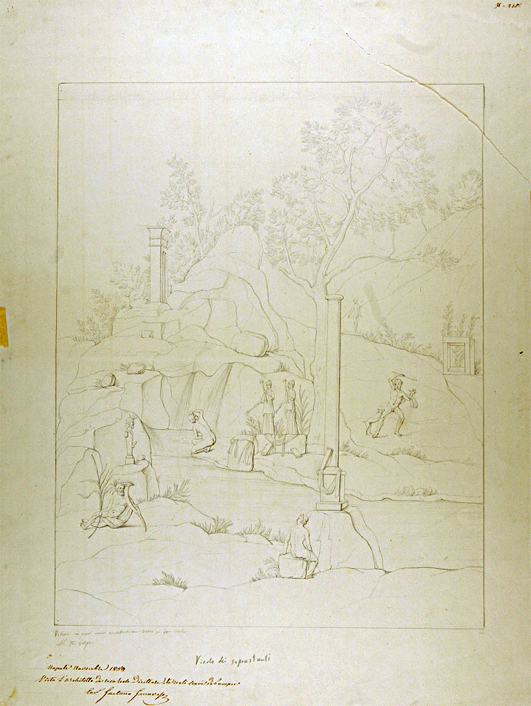VII.7.19 Pompeii. 1859? Drawing by Nicola La Volpe, of painting showing Acteon being attacked by the dogs.
This drawing was described as being from “the new excavation to the north behind the civil forum” “Vicolo dei Soprastanti”.
Now in Naples Archaeological Museum. Inventory number ADS 705.
Photo © ICCD. https://www.catalogo.beniculturali.it
Utilizzabili alle condizioni della licenza Attribuzione - Non commerciale - Condividi allo stesso modo 2.5 Italia (CC BY-NC-SA 2.5 IT)
According to Fiorelli in PAH, 2, p.688, 19th December 1859 – 
“Today, paintings were sent to Real Museo Borbonici which had been detached from the walls by Luigi Piedimonte……”
 “…….and finally a painting from the house at the back of the Temple of Venus, perhaps Diana bathing…..”. 
Helbig said that “according to Fiorelli this painting had been taken to the Museum, but where I have searched in vain”.
See Helbig, W., 1868. Wandgemälde der vom Vesuv verschütteten Städte Campaniens. Leipzig: Breitkopf und Härtel.,(251).
