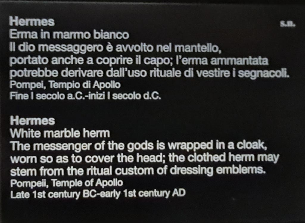 VII.7.32 Pompeii. April 2023. Museum information card for white marble herm of Hermes inv. s. n. Photo courtesy of Giuseppe Ciaramella.