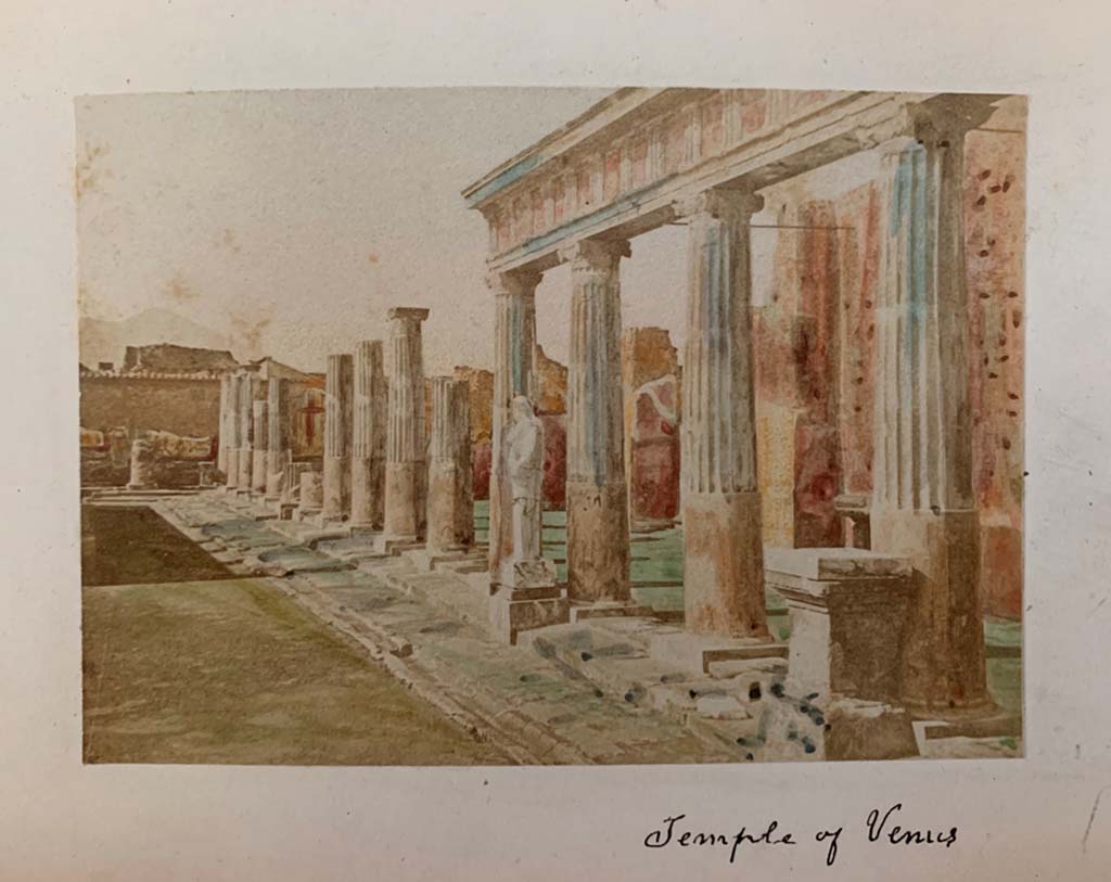 VII.7.32 Pompeii.  From a coloured album by M. Amodio, dated c.1880. Looking north along east side of Temple.
Photo courtesy of Rick Bauer.
