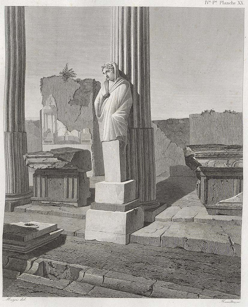 VII.7.32 Pompeii. 
Drawing by Mazois of white marble statue found on east side, a herm of Hermes or Mercury.
See Mazois, F., 1838. Les Ruines de Pompei : Quatrième Partie. Paris : Didot Frères, pl. XX, and p. 41.
