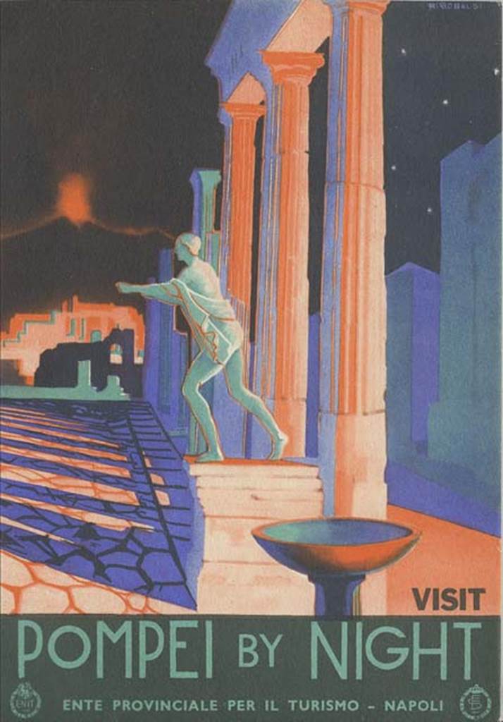 VII.7.32 Pompeii. 1939 Tourism postcard entitled “Pompei by night”. Looking north along the east side. Photo courtesy of Rick Bauer.