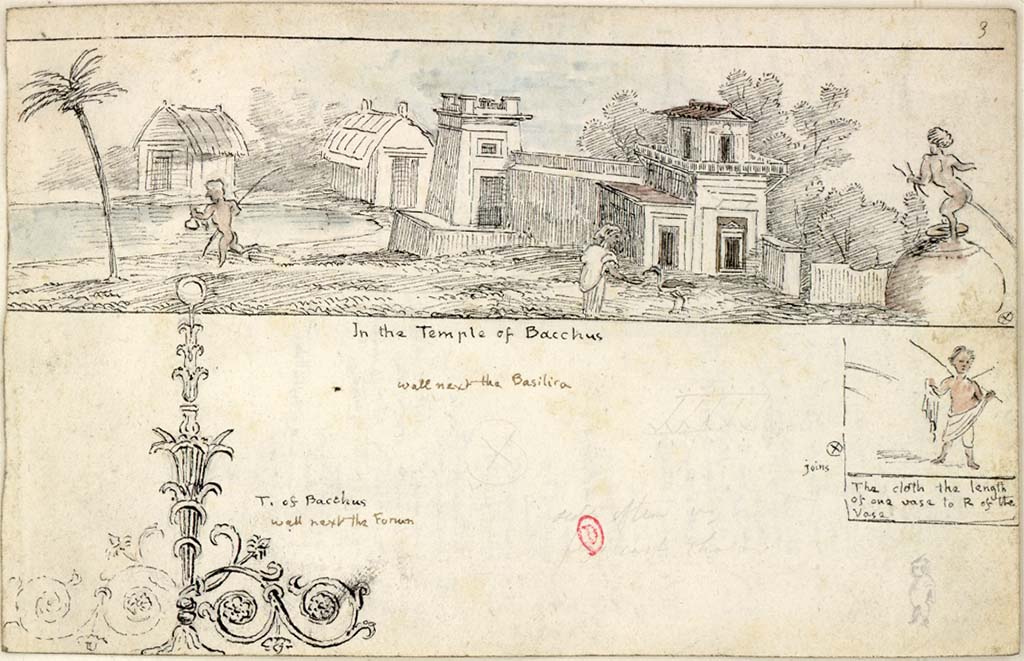 VII.7.32 Pompeii. c.1819 sketch by W. Gell of decorations from the “Temple of Bacchus”.
On the left, from the wall next to the Forum: on the right, from the wall next to the Basilica, (note- the sketch below, on the right, joins to the right side of the upper painting).
See Gell W & Gandy, J.P: Pompeii published 1819 [Dessins publiés dans l'ouvrage de Sir William Gell et John P. Gandy, Pompeiana: the topography, edifices and ornaments of Pompei, 1817-1819], p. 61 no. 3.
See book in Bibliothèque de l'Institut National d'Histoire de l'Art [France], collections Jacques Doucet Gell Dessins 1817-1819
Use Etalab Open Licence ou Etalab Licence Ouverte
