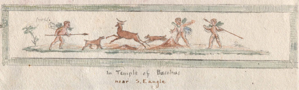 VII.7.32 Pompeii. c.1819 sketch by W. Gell of painted decorations from the “Temple of Bacchus”, near S.E. angle.
See Gell W & Gandy, J.P: Pompeii published 1819 [Dessins publiés dans l'ouvrage de Sir William Gell et John P. Gandy, Pompeiana: the topography, edifices and ornaments of Pompei, 1817-1819], p. 71.
See book in Bibliothèque de l'Institut National d'Histoire de l'Art [France], collections Jacques Doucet Gell Dessins 1817-1819
Use Etalab Open Licence ou Etalab Licence Ouverte
