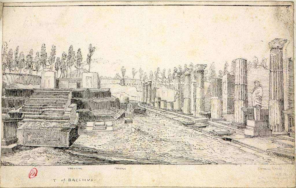 VII.7.32 Pompeii. c.1819 sketch by W. Gell, detail of east side of Temple, looking north.   
See Gell W & Gandy, J.P: Pompeii published 1819 [Dessins publiés dans l'ouvrage de Sir William Gell et John P. Gandy, Pompeiana: the topography, edifices and ornaments of Pompei, 1817-1819], pl. 32 verso.
See book in Bibliothèque de l'Institut National d'Histoire de l'Art [France], collections Jacques Doucet Gell Dessins 1817-1819
Use Etalab Open Licence ou Etalab Licence Ouverte
